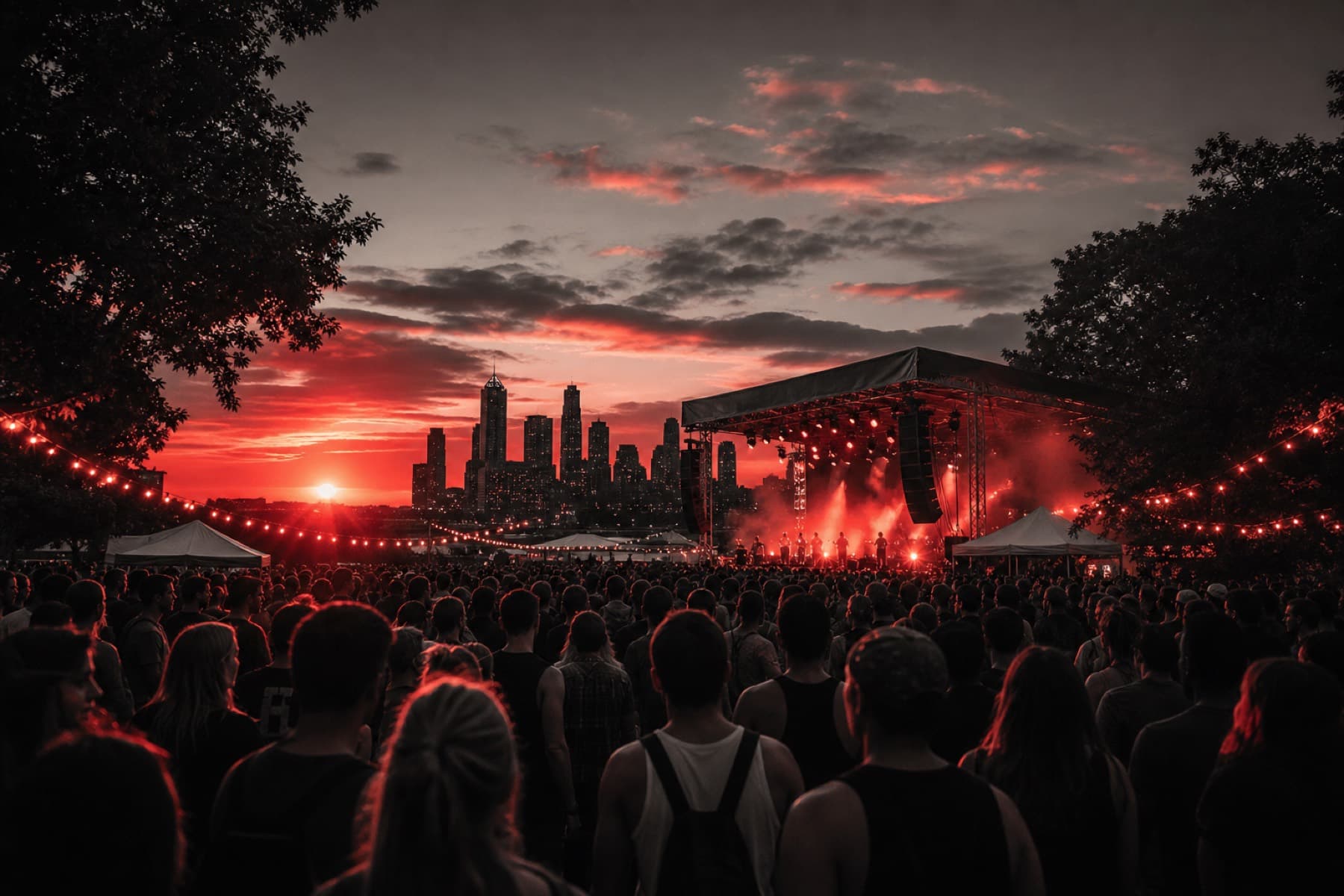 Wide sunset view of the festival crowd and stage