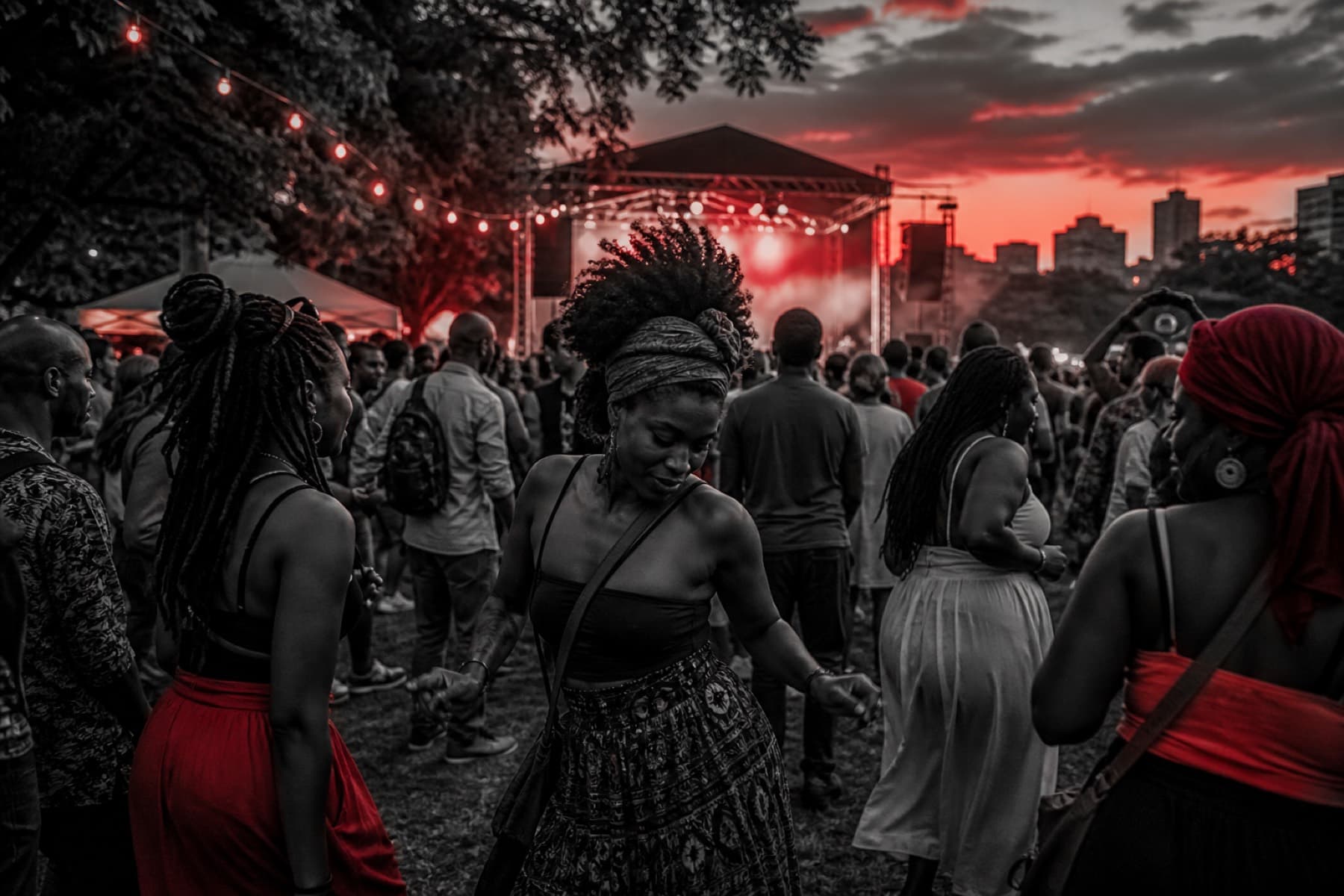Festival crowd at golden hour