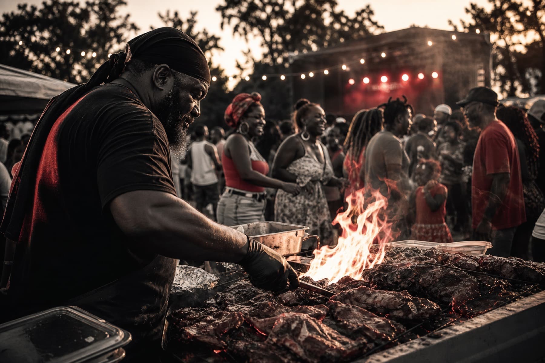 Golden-hour BBQ festival with grill flames and a dancing crowd