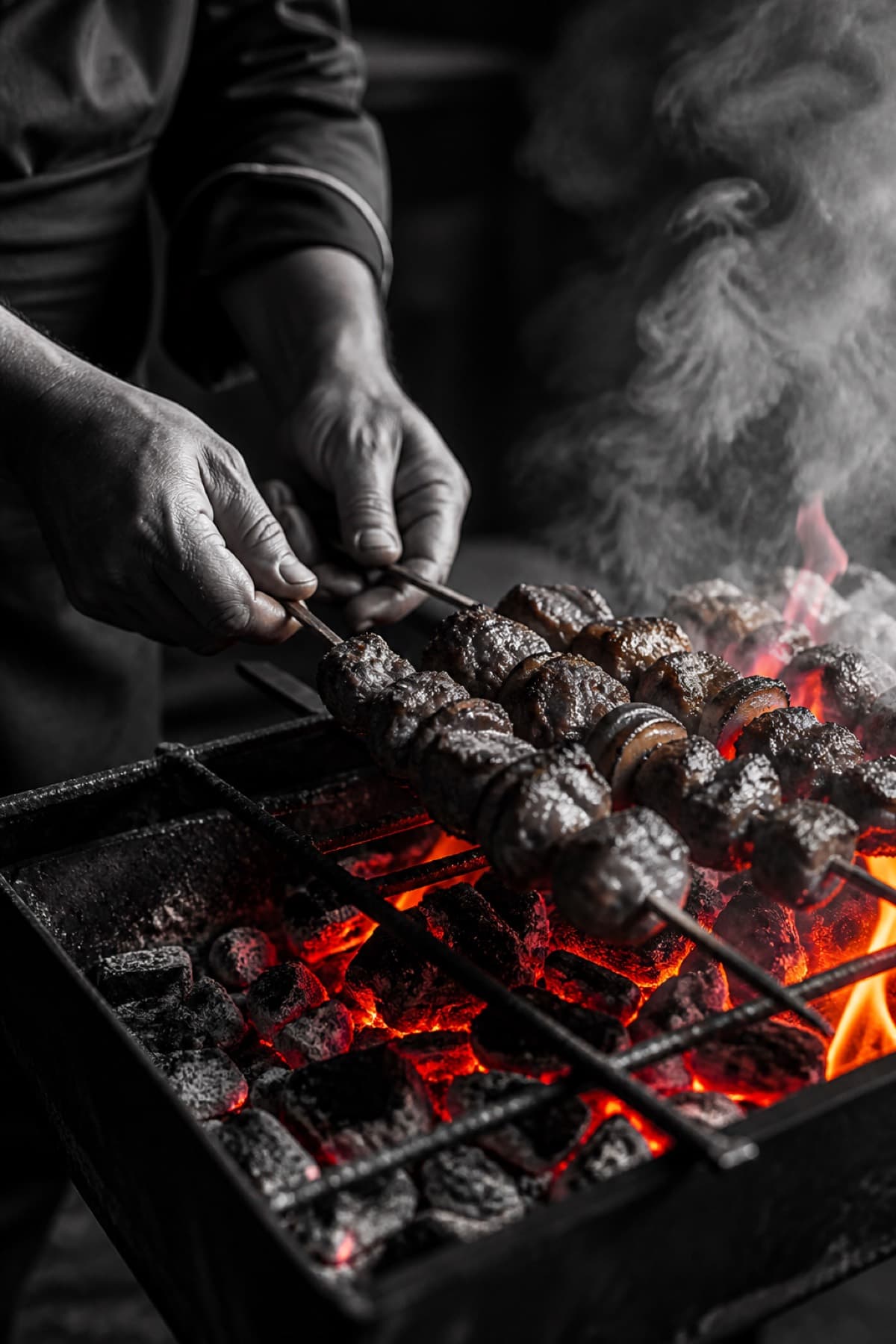 Chef turning skewered meat over an open charcoal grill